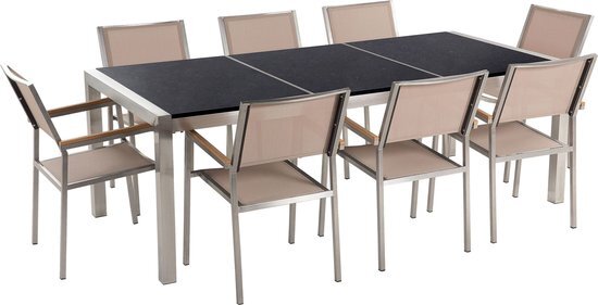 Beliani Tuinset gepolijst graniet/RVS zwart driedelig tafelblad 220 x 100 cm met 8 stoelen beige GROSSETO
