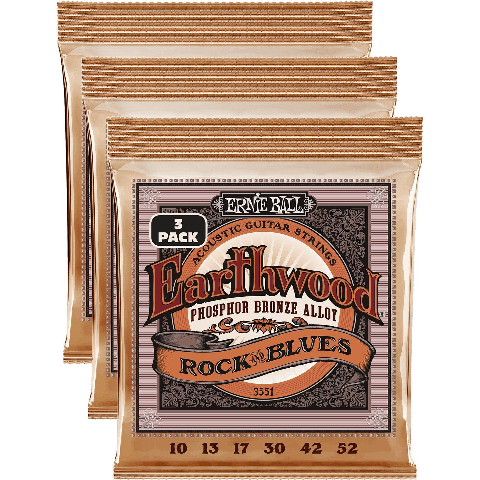 Ernie Ball 3551 Earthwood Rock ‘n Blues Phosphor Bronze 10-52 snaren voor westerngitaar (3 sets)
