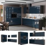 Vicco Complete keukeneenheid Fame-Line, Donkerblauw hoogglans/Antraciet, 460 cm, WB Eik