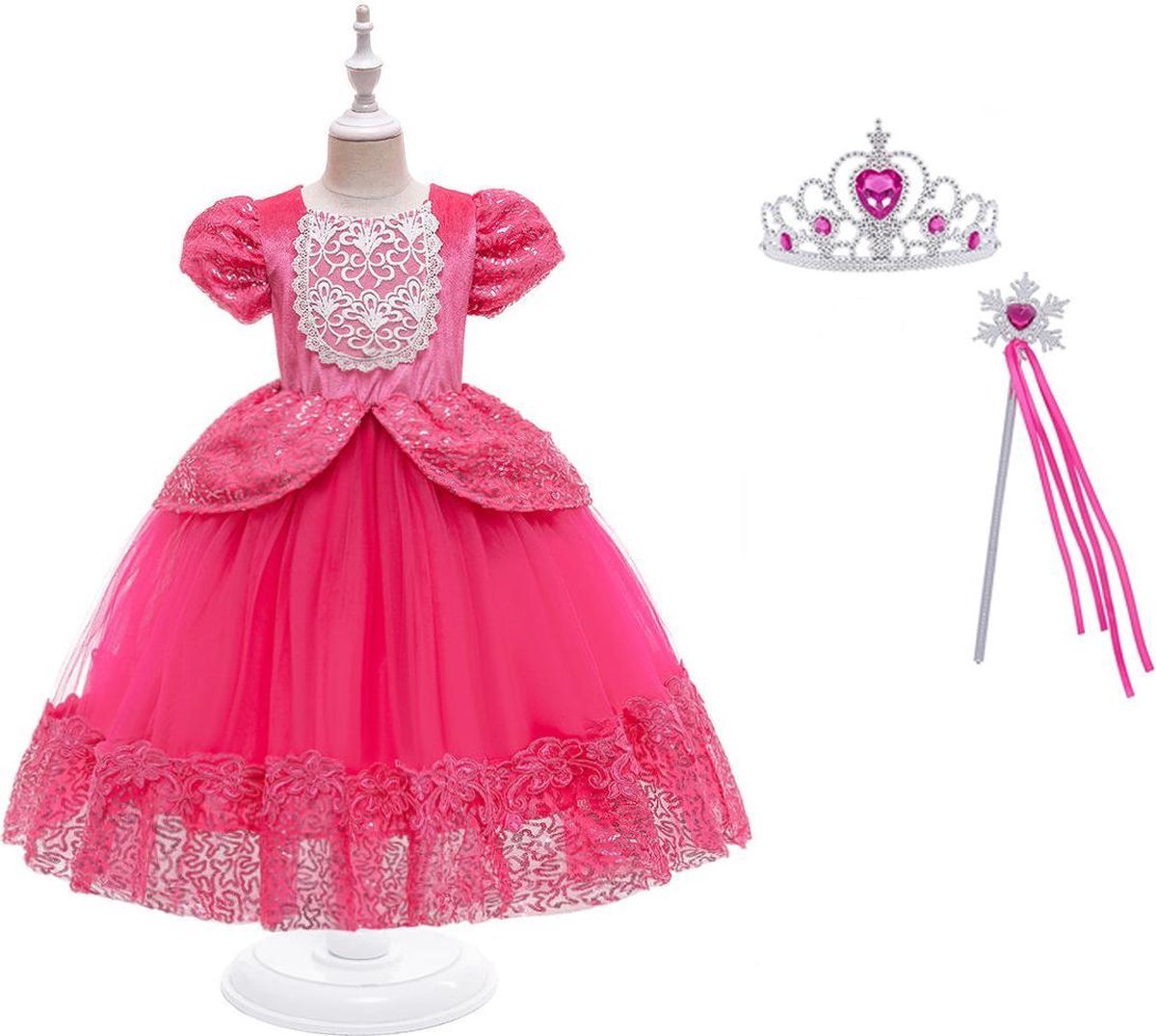 Het Betere Merk Cinderella - Roze prinsessenjurk - Verkleedjurk - maat 110/116 (120) + Accessoires