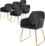 ML-Design eetkamerstoelen set van 6, fluwelen zitting, grijs, woonkamerstoel met rugleuning en armleuningen, keukenstoel met gouden poten, gestoffeerde stoel met metalen frame, ergonomische armstoel
