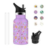 Grsta Drinkfles voor kinderen, 350 ml, thermosfles, metaal, BPA-vrij, drinkfles met rietje, gemakkelijk mee te nemen, flessen voor water, koffie, thee, melk, paars