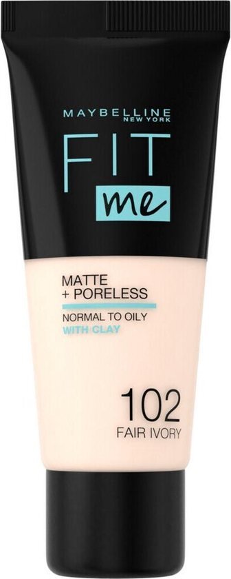 Maybelline Fit Me Matte + Poreless Foundation - 102 Fair Ivory - Medium Dekkende Foundation met Matte Finish voor de Normale tot Vette Huid - 30 ml