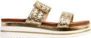 The Divine Factory JP Chaussures Sandalen met sleehak, om gewoon aan te trekken, Dames, Maat 39, Goud, Plateau sandalen, Synthetisch, Kunststof, Dierenprint, Casual schoenen, Gesp, Open hiel, Vlakke zool
