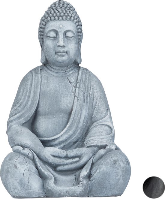 Relaxdays boeddha beeld - 50 cm hoog - tuindecoratie - tuinbeeld - Boeddhabeeld - zittend Lichtgrijs