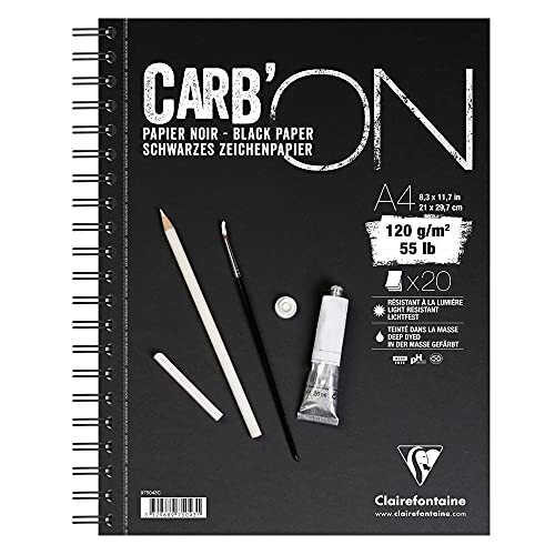 Clairefontaine 975043C Tekenblok Carb´On (120 g, ideaal voor droogtechnieken, DIN A4 21 x 29,7 cm, dubbele spiraalbinding, 20 vellen) zwart