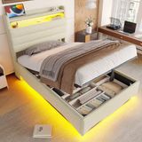 STILVORA Gestoffeerd Bed 90x200 cm – Met Ledverlichting Via App – Hydraulische Opbergruimte – Met Usb En Type C – Zonder Matras – Beige