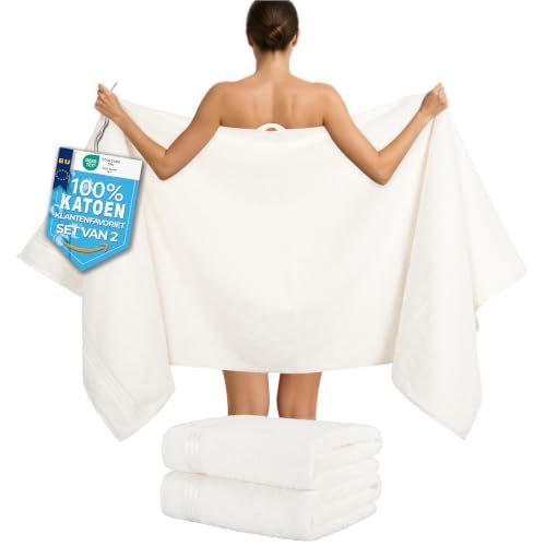 Hammetex Set van 2 zeer grote bad- en saunahanddoeken, 80 x 200 cm, 100% katoen, 500 g/m², crème