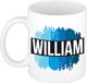 Bellatio Decorations William naam cadeau koffie mok - beker - met blauw verfstrepen - Cadeau collega - vaderdag - verjaardag - meester - coach - 300 ml - wit
