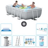 Intex Rechthoekig Prism Frame Zwembad - 300 x 175 x 80 cm - Grijs - Inclusief Pomp - Ladder Onderhoudspakket - Filter - Grondzeil - Schoonmaakset