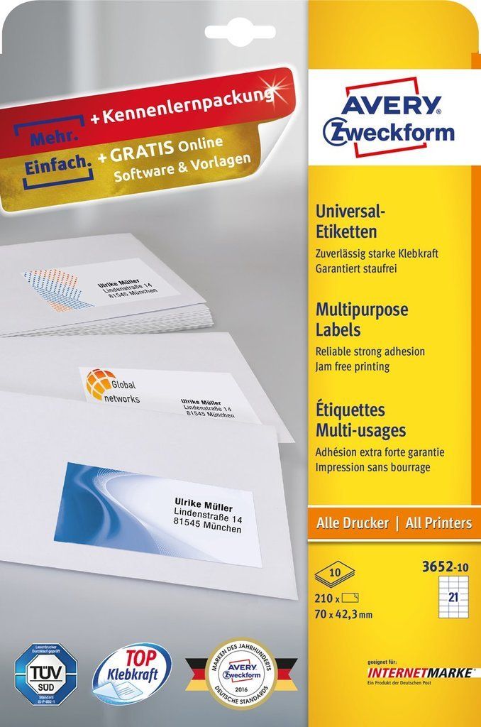 Avery 3652-10 Etiketten Wit Papier Rechthoekig 70 x 42,3 mm