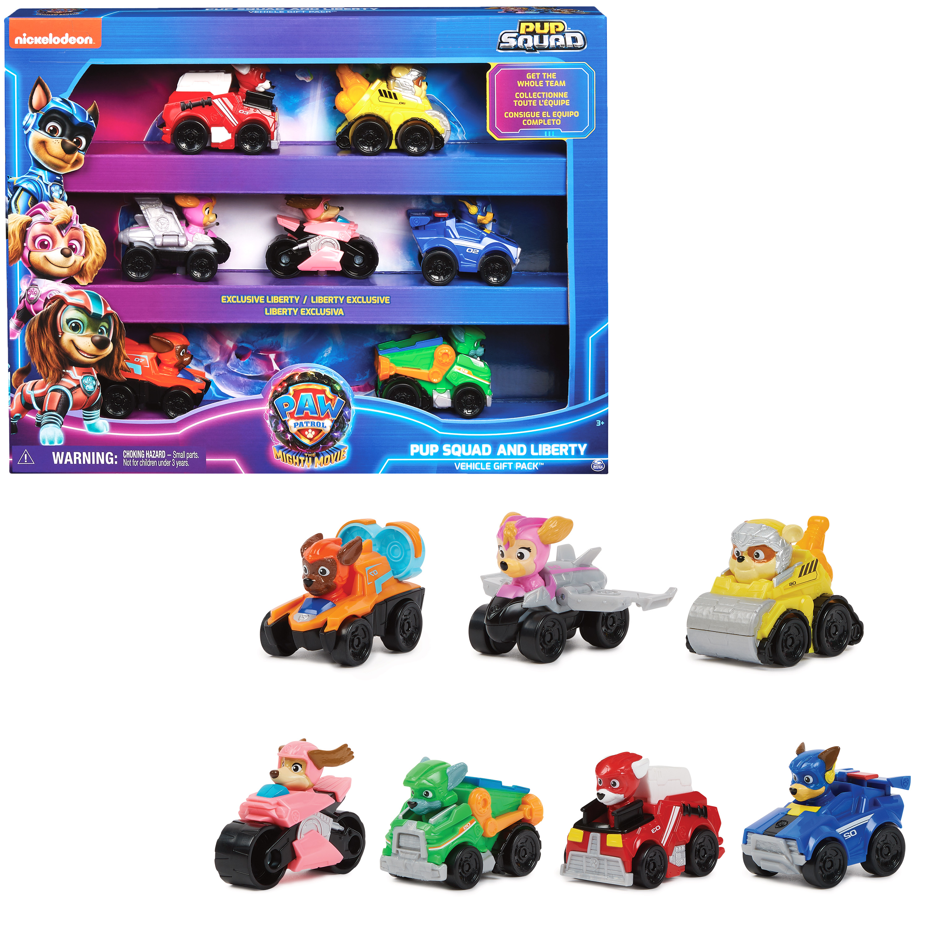 Spin Master PAW Patrol The Mighty Movie - 7-delige Pup Squad Racers cadeauset met unieke Mighty Pups Liberty-speelgoedauto