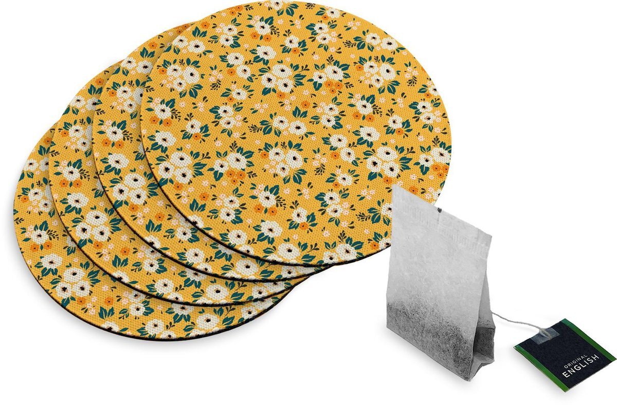 qMust 4 Rubberen Onderzetters - Design Vintage Bloemenprint - Rond