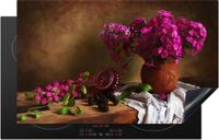 Merkloos KitchenYeah® Inductie beschermer 83x51.5 cm - Rustiek - Bloemen - Roze - Vaas - Stilleven - Inductie beschermer voor kookplaat