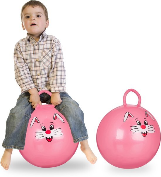 Relaxdays 2 x skippybal in set - voor kinderen - Met konijn opdruk - springbal - roze