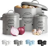 Unyqoos® Set de 3 pots de conservation pour pommes de terre, oignons et ail – ventilé, acier thermolaqué, gris