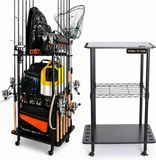 Rush Creek Creations 12-Rod Rolling Fishing Gear Tackle Cart, Hengel Visgerei Opbergkar met 12 Zoetwater Hengel Clips, Zwart