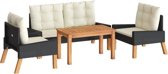 vidaXL 4-delige Loungeset met kussens poly rattan en massief hout