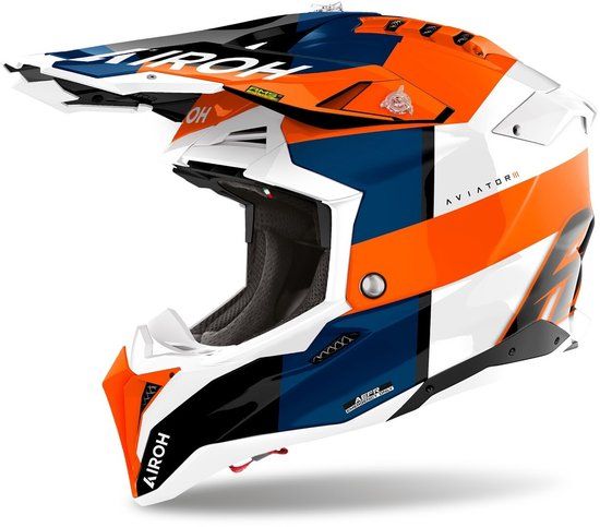 Airoh Aviator 3 Monarch White Blue Orange Motocross Helmet - Maat M - Helm