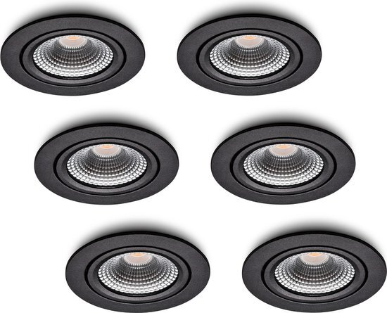 Ledisons LED-inbouwspot Vivaro set 6 stuks zwart dimbaar - Ø85 mm - 5 jaar garantie - 3000K (warm-wit) - 450 lumen - 5 Watt - IP54