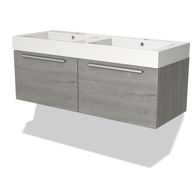 Maxaro Badkamermeubel 120cm Modulo Grijs Eiken 2 Lades Vlak Wastafel Mineraalmarmer