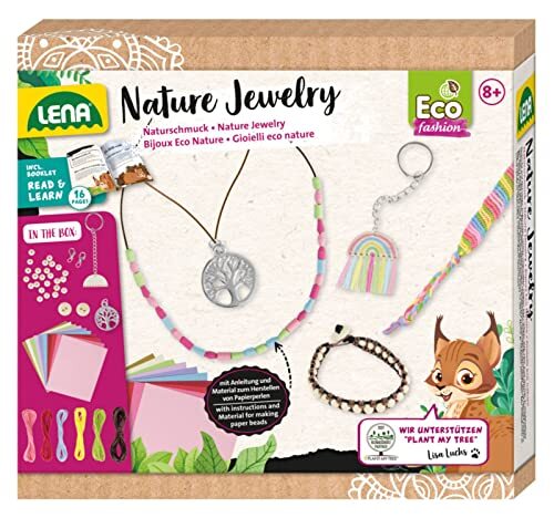 Lena 42834 Eco knutselset, natuursieraden, knutselset met 2 armbanden met parels, 2 kettingen met hanger en 3 sleutelhangers, begeleidende boekje plant My Tree, papieren knutselen voor kinderen vanaf 8 jaar