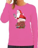 Bellatio Decorations Foute Kersttrui/sweater voor dames - Merry Shitmas - roze - kerstman op de WC XL