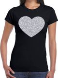 Bellatio Decorations Glitter and Glamour Feestkleding verkleedkleding t-shirt - met zilveren hartje - zwart - voor dames - XXL