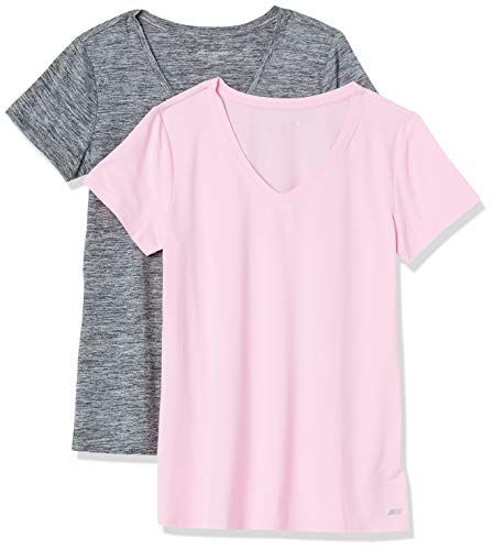 Amazon Essentials Women's Tech Stretch Short-Sleeve V-Neck T-Shirt (Available in Plus Size), 2-Pack, Grey Space Dye/Light Pink, S