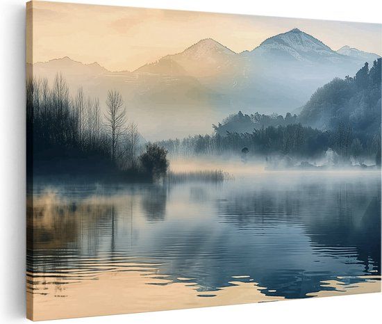 Artaza Canvas Schilderij Mistig Meer met Bergen - 120x80 cm - Canvas Print