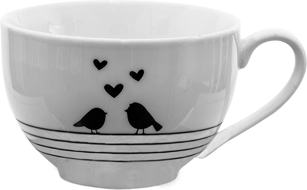 Clayre & Eef Kop en schotel 238 ml Wit, Zwart Porselein Vogeltjes en Hartjes Servies