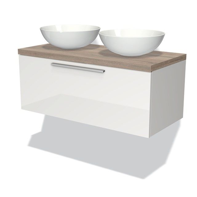 Maxaro Badkamermeubel Modulo Plato 100cm Hoogglans Wit 1 Lade Vlak Eiken