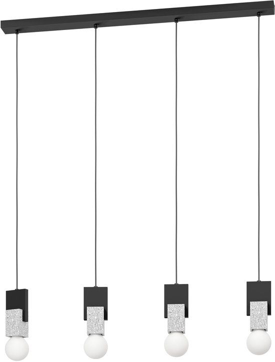 EGLO Hanglamp Lobatia, 4-lichts pendellamp, eettafellamp van terrazzo in grijs en wit, hout, zwart metaal, lamp hangend voor woonkamer, E27 fitting