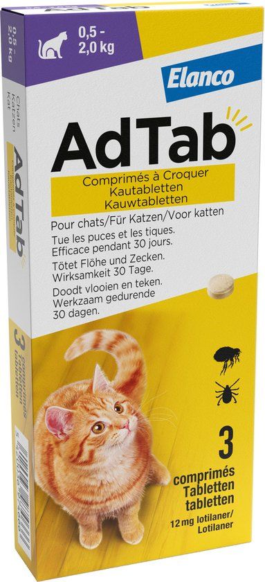 AdTab Elanco Adtab Anti Vlooien en Teek Kauwtabletten Kat - 3 stuks - 0,5-2,0 kg