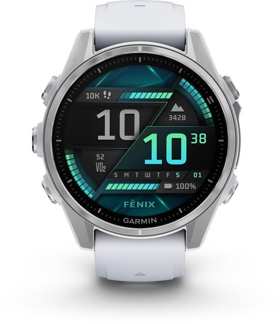 Garmin fēnix 8 - 43mm - AMOLED Multisport Smartwatch - 100+ sport-apps - LED Zaklamp - Microfoon en speaker - 10ATM Waterdicht - tot 10 dagen batterij - Zilverkleurig/wit