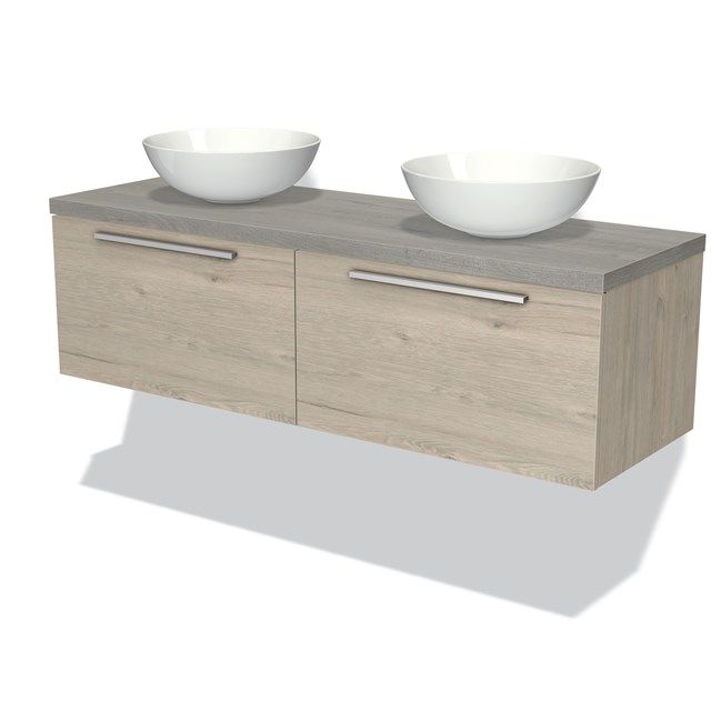 Maxaro Badkamermeubel Modulo Plato 140cm Lichtgrijs Eiken 2 Lades Vlak Grijs Eiken Blad