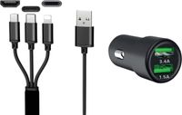 IWH Dual 3 in 1 USB-oplader voor auto's 3 poorten 1,2 meter