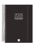 Finocam Spiraalkalender 2026, 1 dag per pagina, januari tot december (12 maanden), jaarplanner 2026, met elastiek, deksel van polypropyleen, ondoorzichtig, zwart, Catalaans