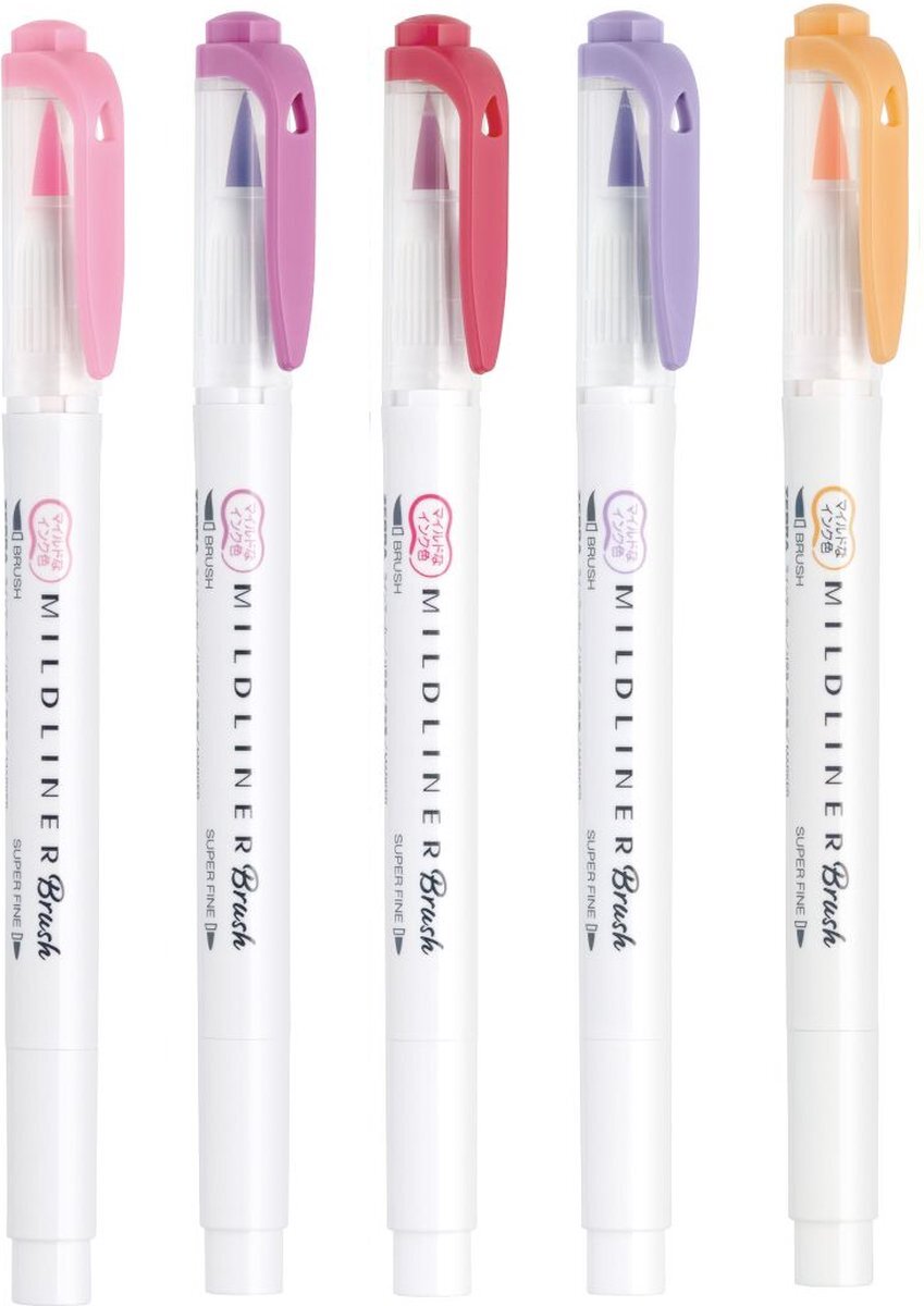 Zebra Mildliner Brush Pennen – Set van 5 Valentijn Colors Verpakt in een Handige Zipperbag