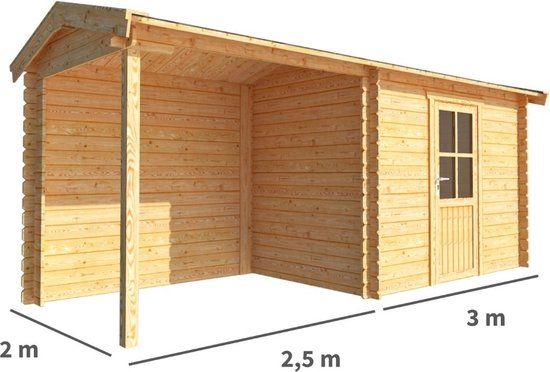 Merkloos Blokhut met overkapping Fenna 550 cm bij 200 cm diep Zadeldak bruin