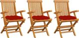 Chaises pliantes avec coussins rouges, 3 pièces, teck massif