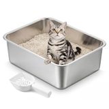Feandrea Roestvrijstalen Kattenbak, Open Kattentoilet met Schepje, Maat M, 45 x 35 x 15 cm