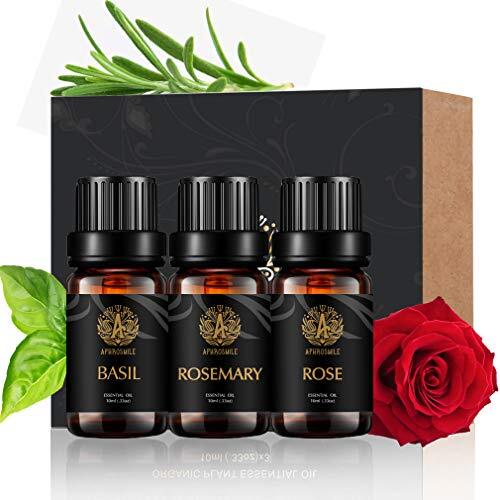 Aphrosmile Therapeutische kwaliteit Rose etherische olie set voor het maken van kaarsen, 3 x 10 ml 100% pure basilicum etherische olie kit voor diffuser, aromatherapie rozemarijn, etherische oliën set voor massage