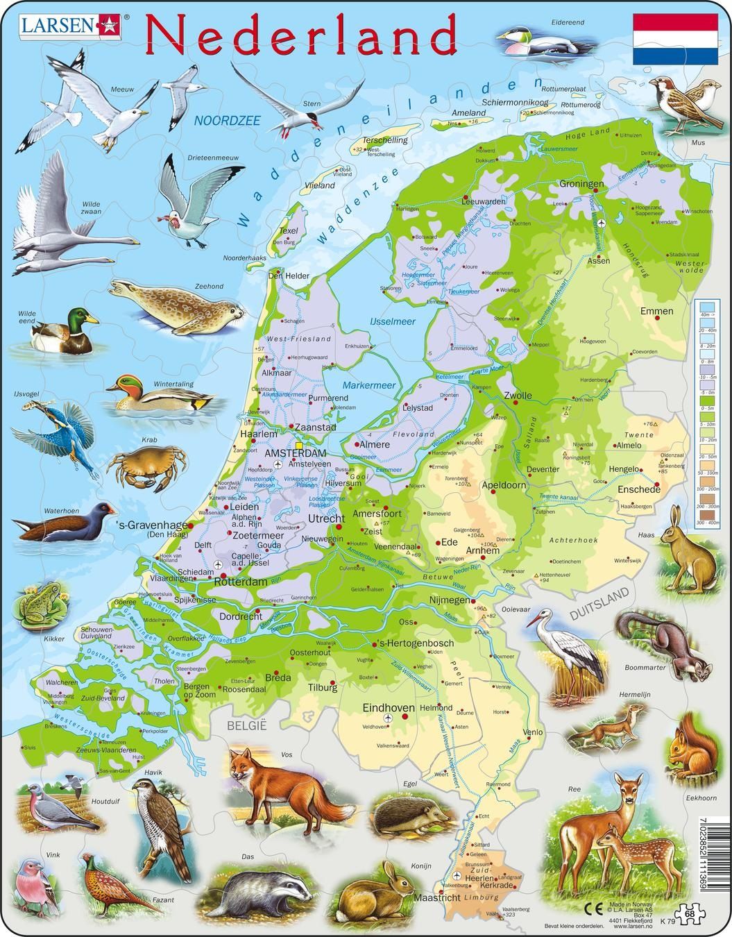 Larsen Maxi Kaart Nederland Geografisch met Dieren Puzzel - 68 stukjes