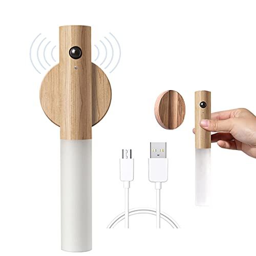 LANMOU USB-oplaadbare houten wandlamp, binnen, wandlamp met bewegingsmelder, warmwit, draadloos, batterij, wandlampen met schakelaar, magnetische bedlamp, werkt op batterijen, voor slaapkamer, trap (B)