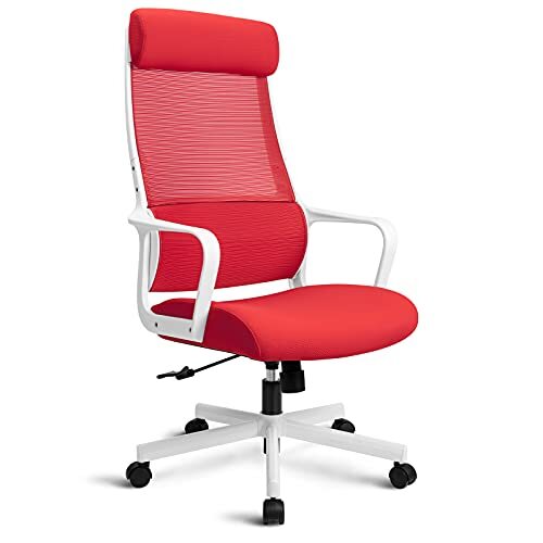 MELOKEA Bureaustoel, ergonomische bureaustoel met verstelbare hoofdsteun, net, hoge rugleuning en in hoogte verstelbaar, belastbaar tot 150 kg, managersstoel heeft lendensteun en kantelfunctie, rood