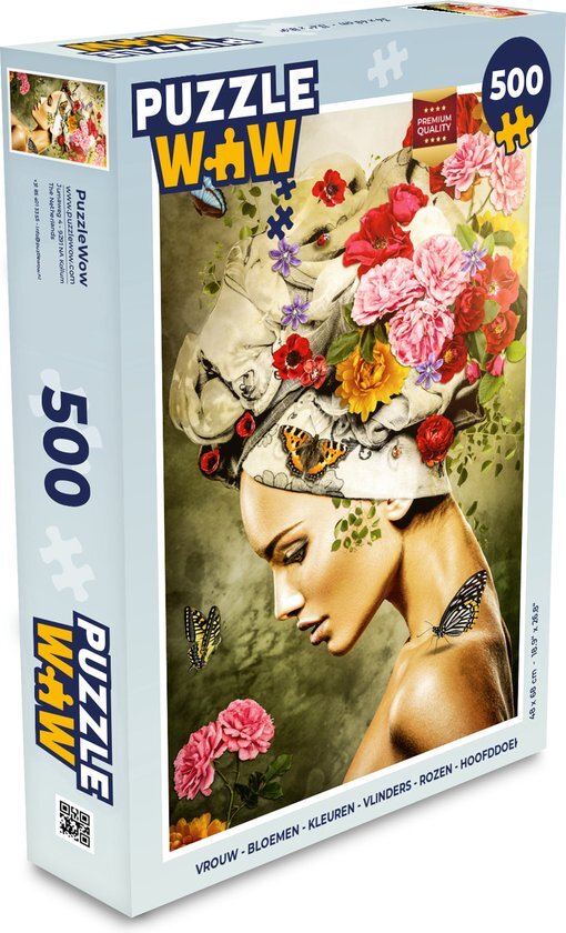 MuchoWow Puzzel Vrouw - Bloemen - Kleuren - Vlinders - Rozen - Hoofddoek - Legpuzzel - Puzzel 500 stukjes - Sinterklaas cadeautjes - Sinterklaas voor grote kinderen