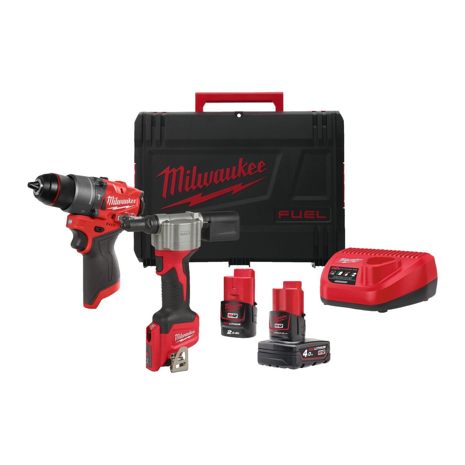 Milwaukee M12 FPP2D2-422X 12V Li-ion Accu Subcompacte Slagboormachine (FPD2-0) En Subcompacte Blindklinknageltang (1x4.0Ah & 1x2.0Ah) In HD Box