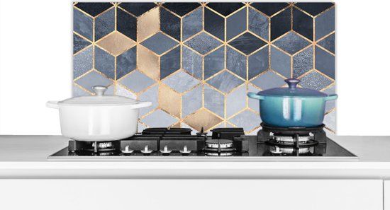 KitchenYeah Spatscherm keuken - Luxe - Kubus - Patronen - Goud - 90x45 cm - Aluminium