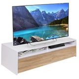 BAKAJI TV-kast van MDF-hout, dressoir met televisiestandaard, 2 open vakken en 2 deuren, afmetingen: 130 x 40 x 35,5 cm, kleur wit en eiken, modern design, wooncultuur